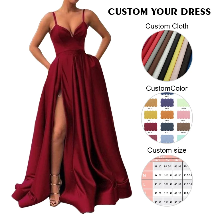 Custom Elegant V Neck Spaghetti Satin Evening Dress For Women Fashion Sleeveless Maxi Dess Slit Lady Long Party Formal Dress