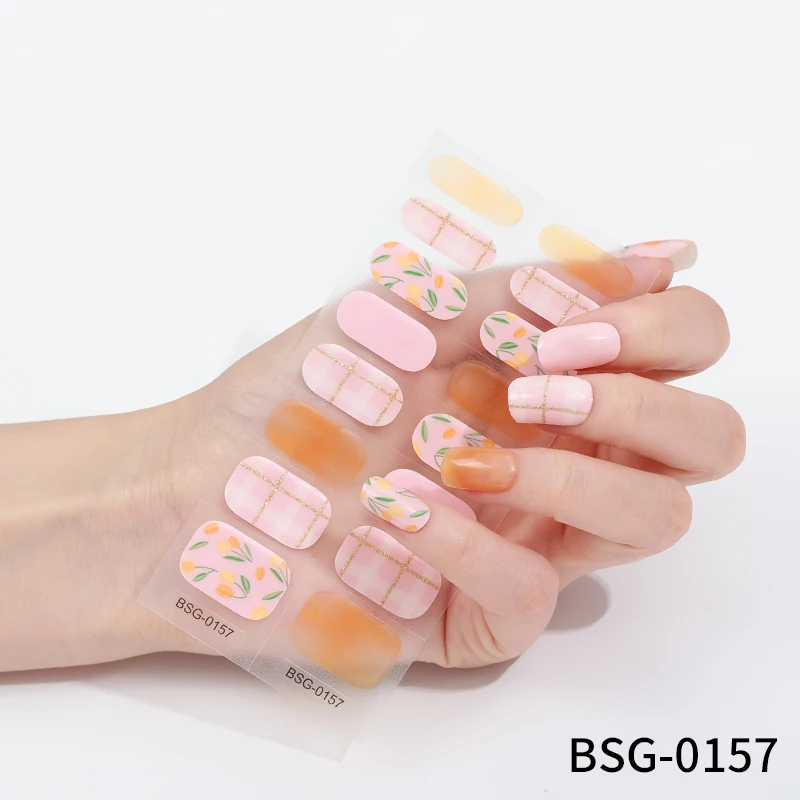 Semi Cured Gel Nail Polish Strips,Self-Adhesive Full Wraps Gel plaid Nail Art Sticker uv Gel Nail Sticker