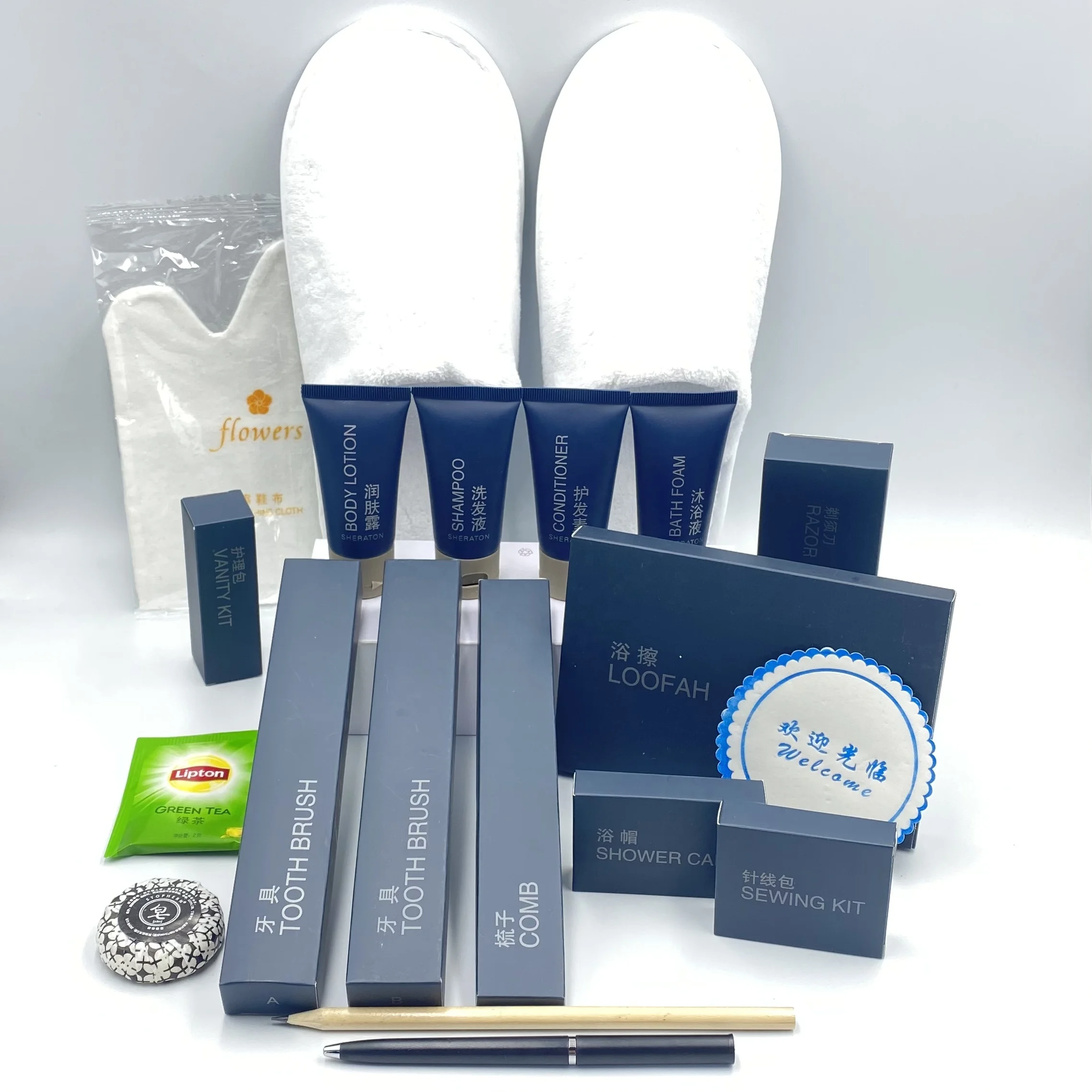 Роскошные гостиничные аксессуары одноразовый набор для ванны на заказ шампунь и кондиционер гостиничных принадлежностей упаковка номеров