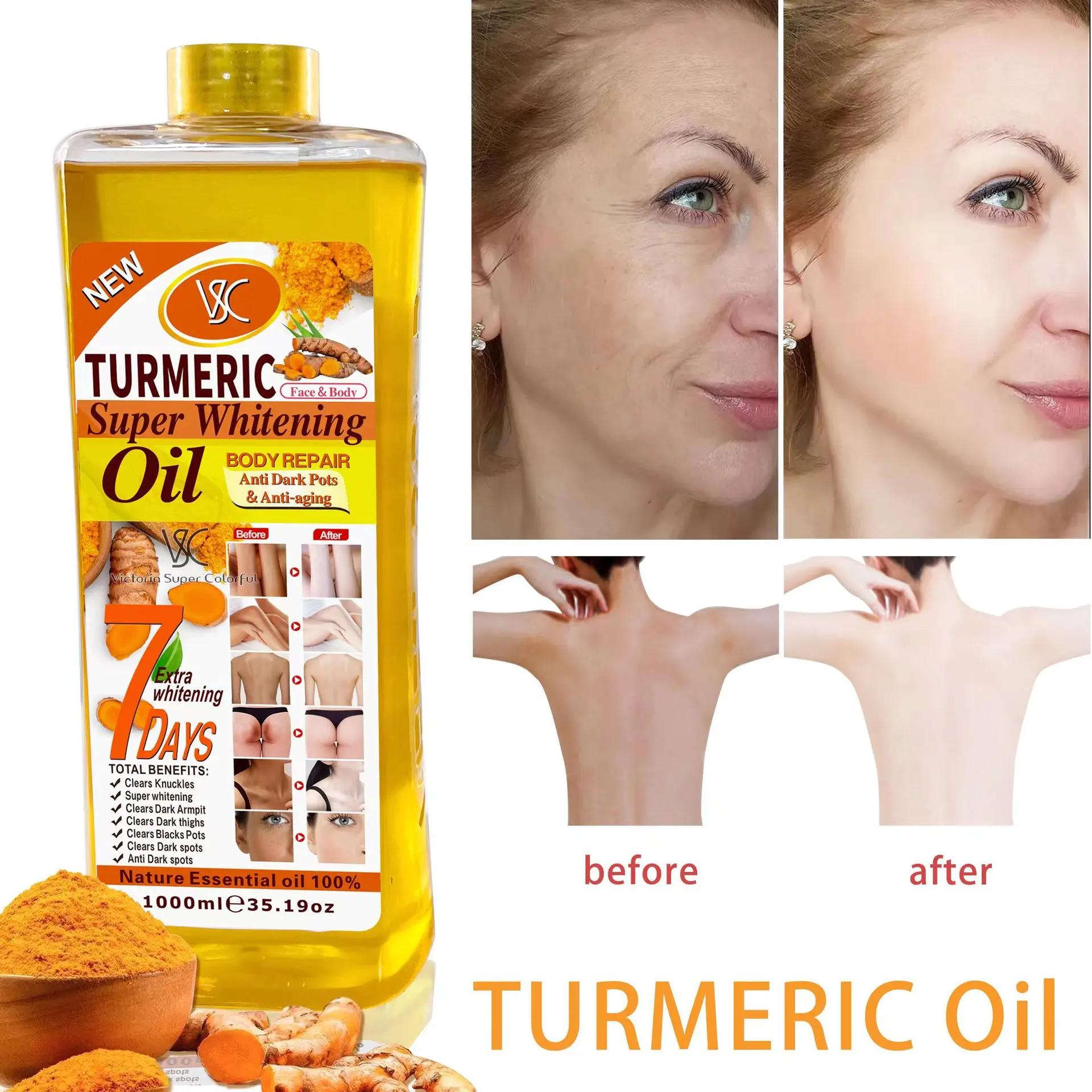 High Quality 1000ml Turmeric Oil Super Whitening Oil Skin Anti-Aging Dark Spot Removal Face&Body  Repair Massage Oil