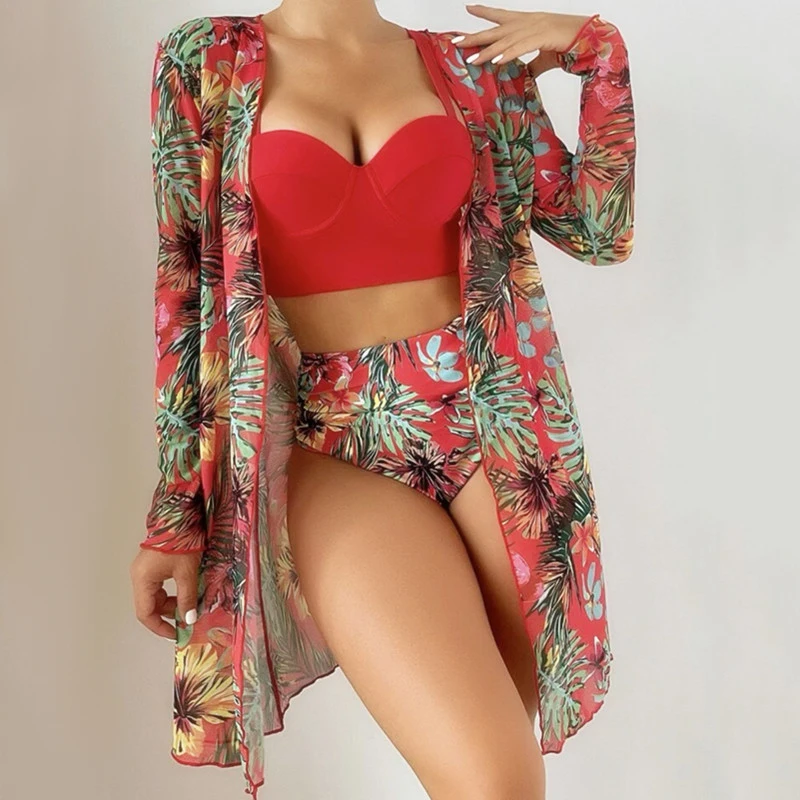 2024 High Quality Retro Printing Swimwear Two Piece Tassel Bikini Set Girls Fitness Beachwear with cover up