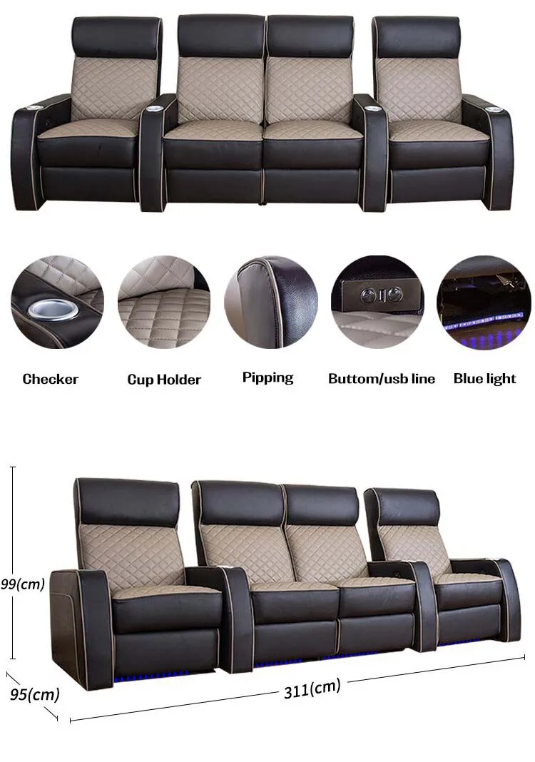 Wholesale Price canape 3 places cuir electrique Luxury 3 Seater Genuine Leather Home Theater Seats With Cup Holders