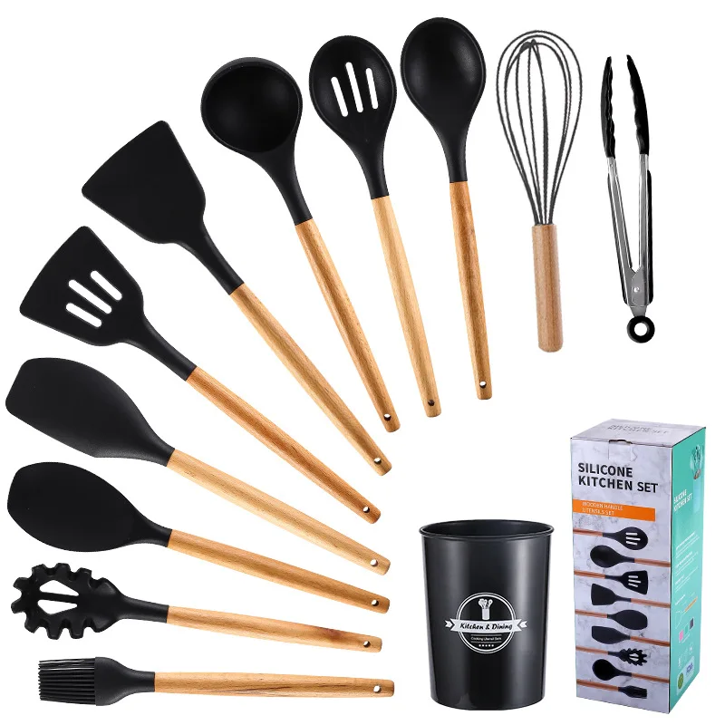 11pcs Amazon Hot Sale food safe kitchenware accessories kitchen home cooking tools silicone utensil set with wooden handle