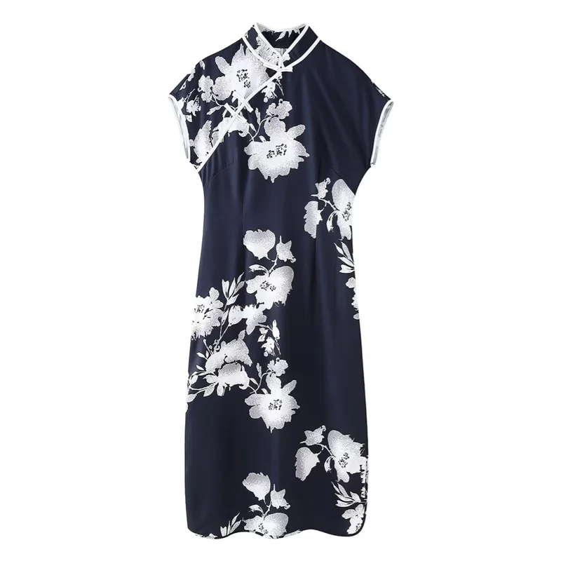 TAOP&ZA European and American fast fashion buckle printed long skirt Chinese slim fit cheongsam dress 2024 summer new style