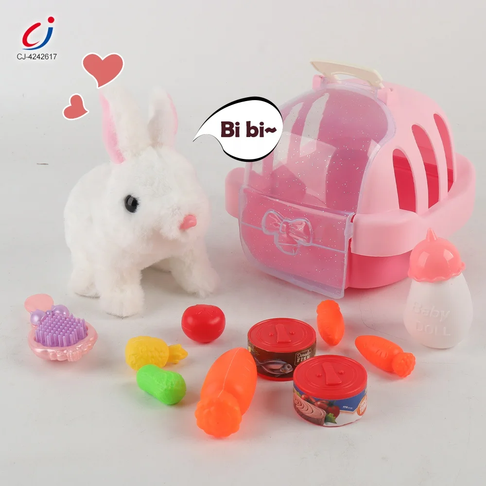 Chengji newest design electric pets rabbit plush toy simulated walking feeding pet care play vet set for kids