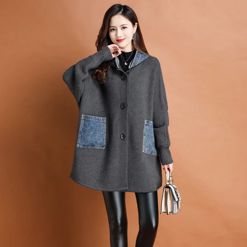 Autumn winter new arrival fashion lady batwing sleeve loose fit jacket patchwork plus size sweater hooded coat