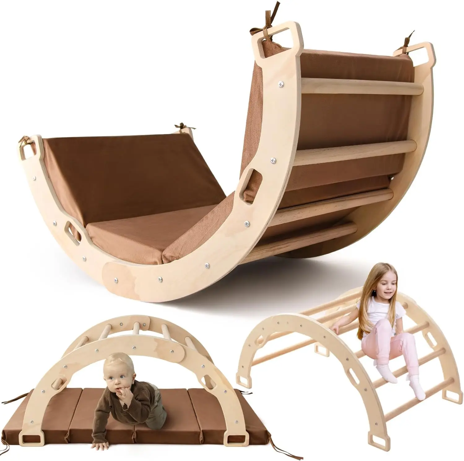 202406 Kids Climber Arch Rocker with Cushion, Toddler Climbing Toys, Montessori Wooden Arch Climber Indoor Playground