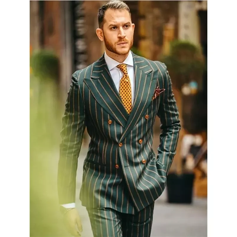 Green Orange Pinstripe Men Suits 2 Piece Set Peaked Lapel Double Breasted Wedding Male Blazer Groom Custom Outfits Daily Wear