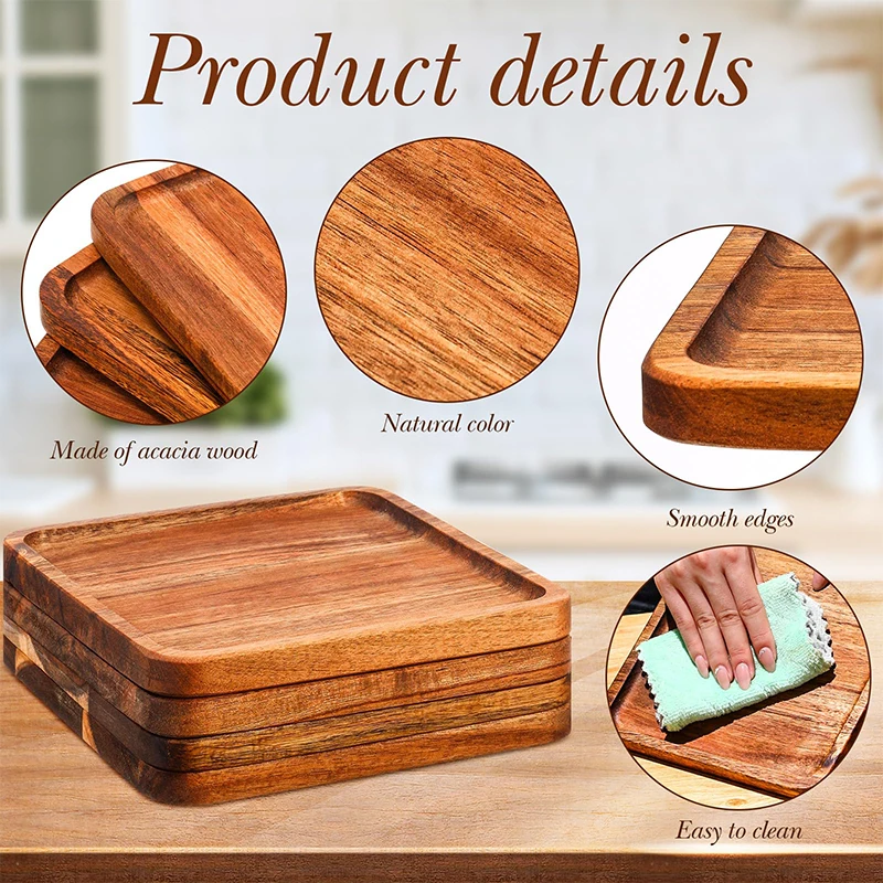 Restaurant Stackable Natural 8inches Square Acacia Wood Food Serving Snack Canape Wooden Plates For Steak Dessert Cake Fruit