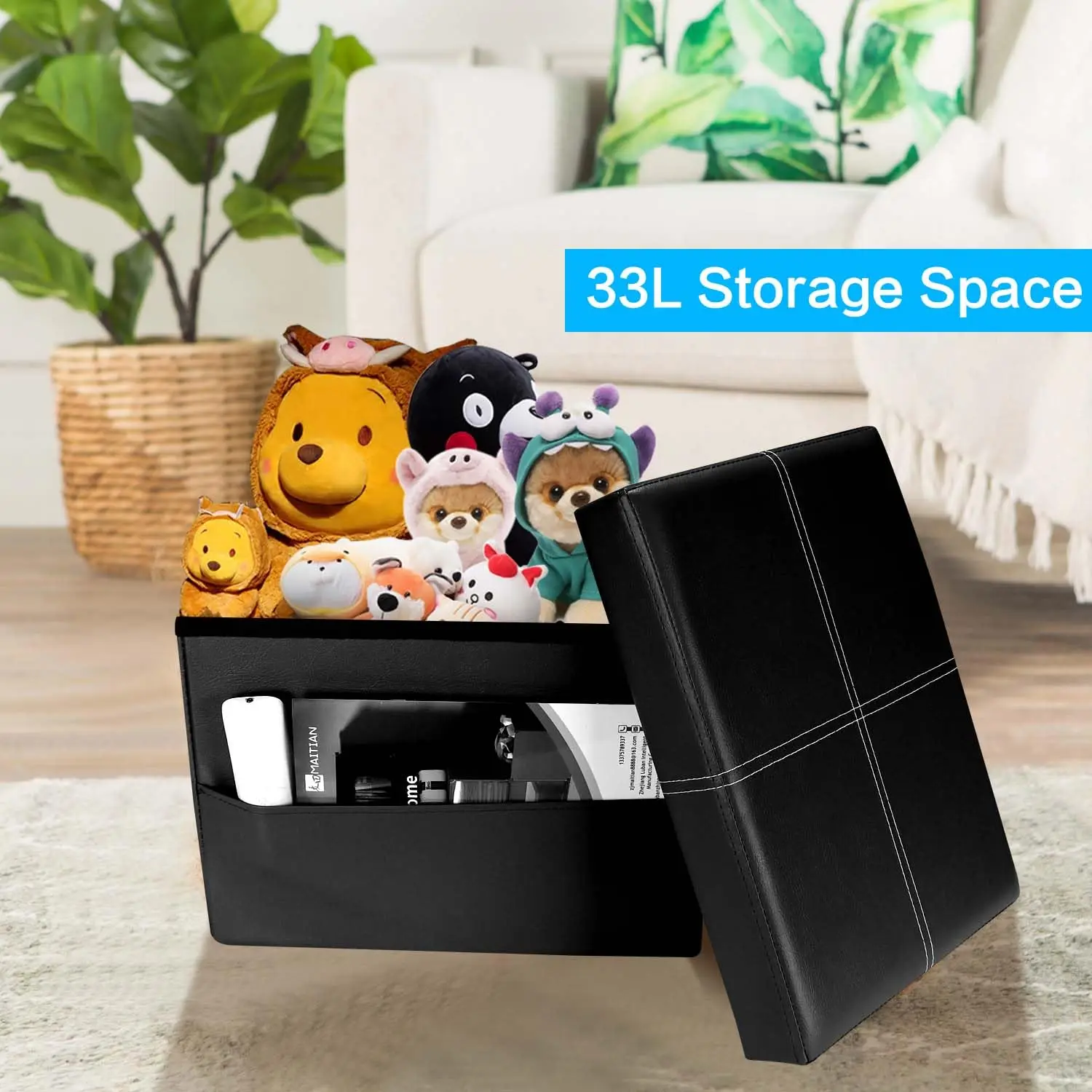 Black Leather Stool with Thicker Foam Padded Seat Small PVC Storage Ottoman Bench Foot Rest with Side Pocket for Living Room