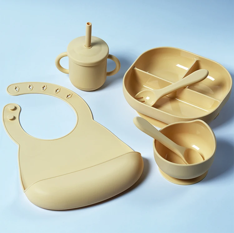 OEM&ODM wholesale custom baby products babytableware Six-piece Baby Silicone feeding sets bib