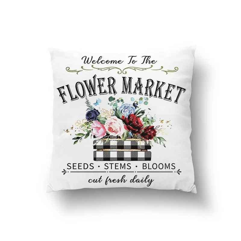 Welcome to the Flower Market Watercolor Flowers Floral Buffalo Plaid Throw Pillow Covers