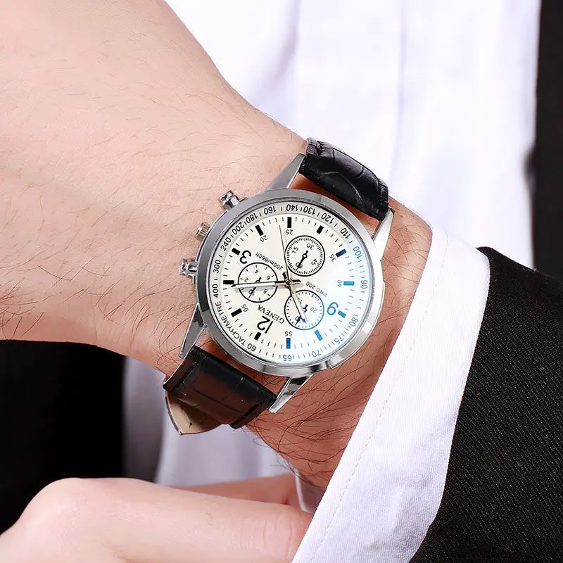 
Luxury Fashion Blue Ray Glass Three-eye Watch Leather Strap Waterproof Quartz Mens Watch for sport 