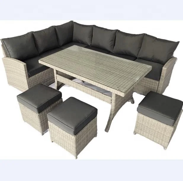 Wholesale 9 Seater Rattan Furniture Corner Dining Sofa and Table Set  Light Grey