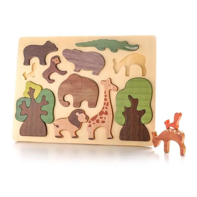 Baby animal puzzles hand grasping board inlays early education puzzle blocks matching cognitive wooden puzzle board stacking