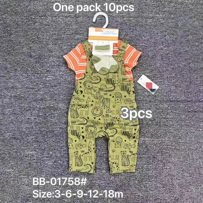 Children Summer Style Short Sleeve Suspender Romper Socks 3 Pcs Set Hot Sale 0-18months Toddler Kids 3 In 1 Clothes Set