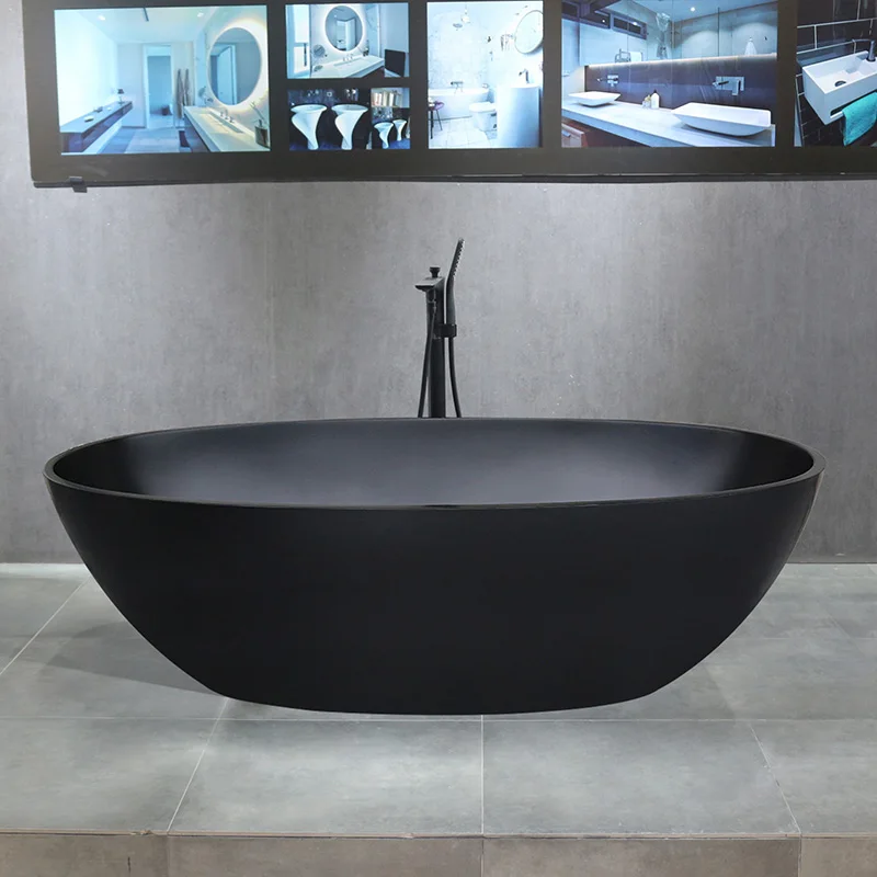 Bathtub Price Bathroom Freestanding Bathtub Shower Solid Surface Tub Grey Artificial Stone for Adult Black Modern KKR Drainer
