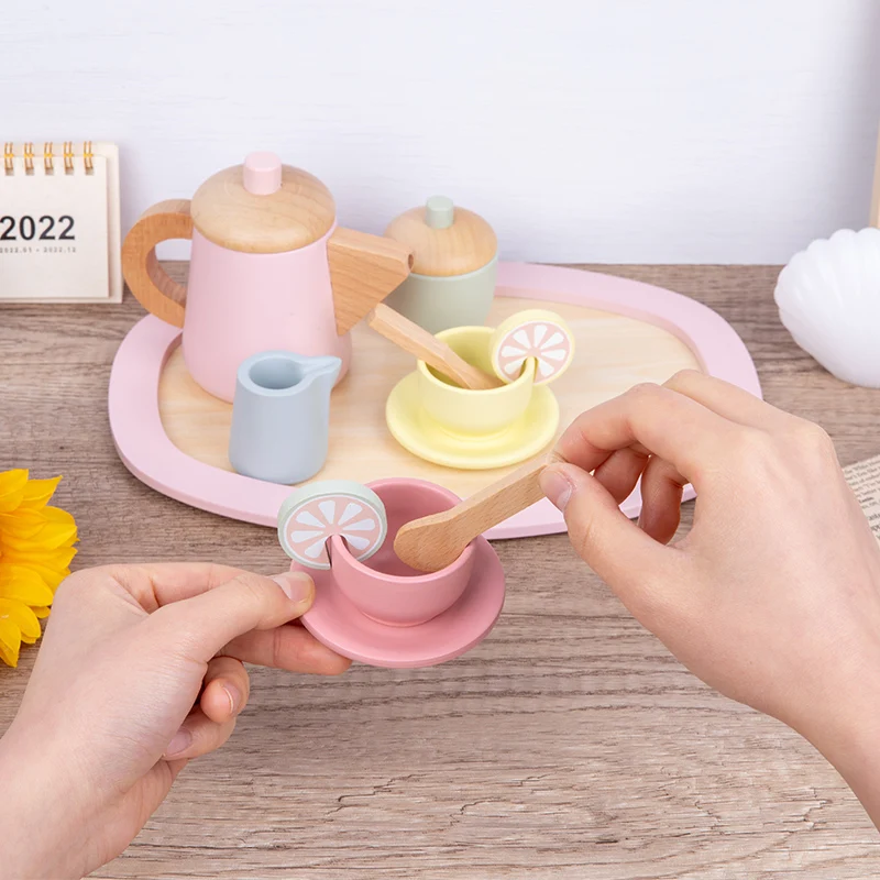 Baby Afternoon Teapot Pretend Play Wooden Tea Set Pretend Play Kitchen Toy Set Fun Simulation Parent-Child Game for Toddlers