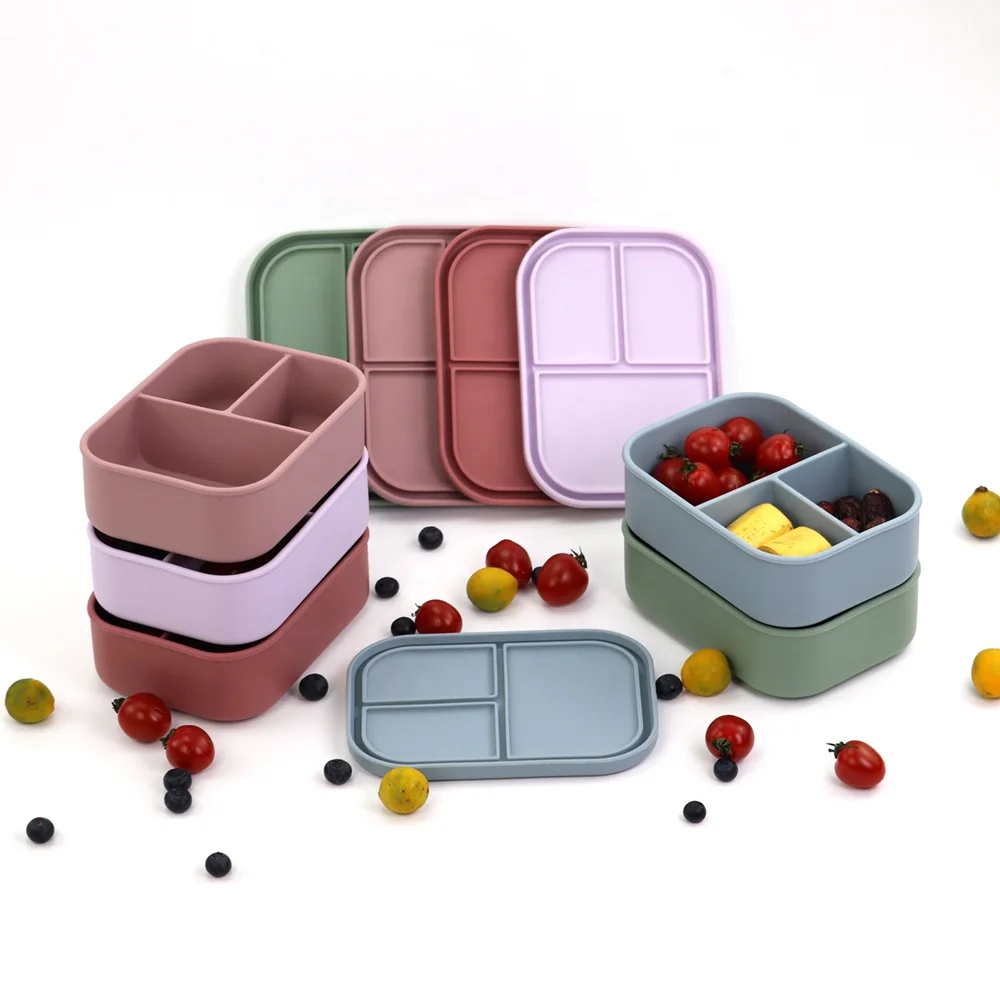 Eco Friendly Leak-proof Dishwasher Silicone 1 Compartment Square Lunch Box Set for Toddler 3 Pcs Blue Silicone Container CN;GUA