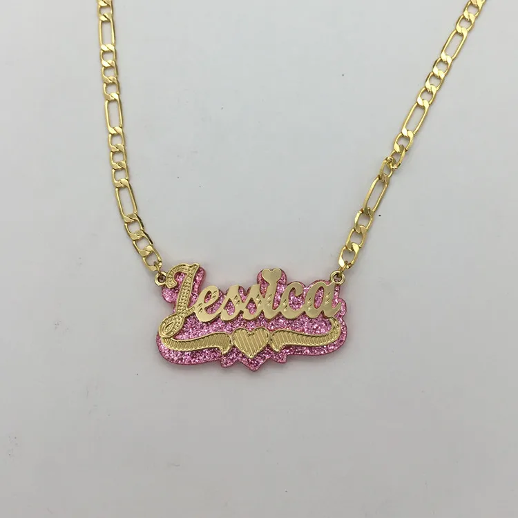 Best Selling Products Laser Cut Out Acrylic Gold Plating 3D Custom Name Plate Necklace With Figaro Chain