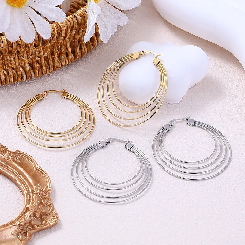 QIFEI Exaggerated Geometric Thread Hoop Earrings Stainless Steel 18K Real Gold Jewelry Earrings