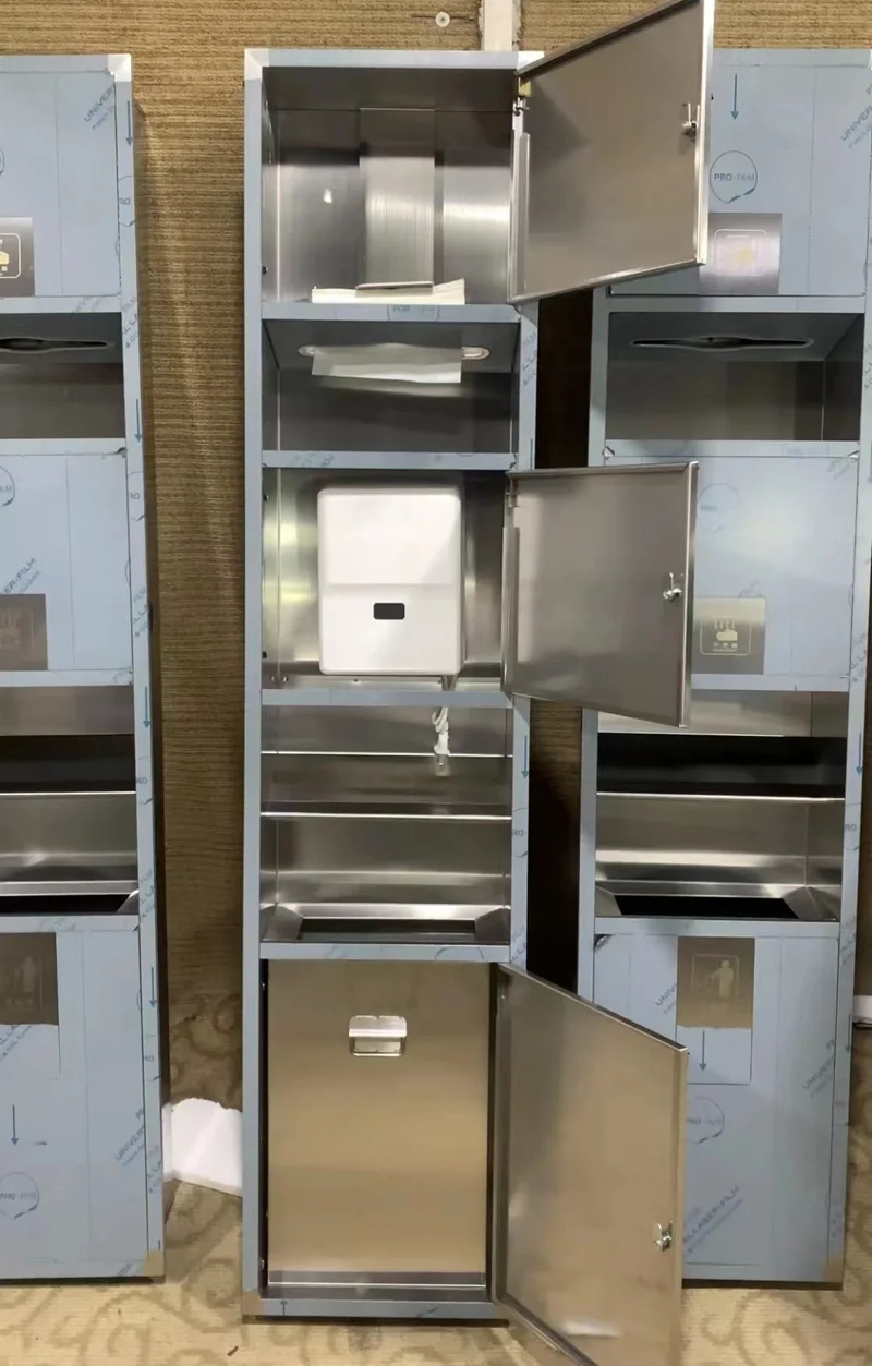 Recessed Combination 3 in 1 Paper Towel Dispenser Waste Receptacle and Hand Dryer for Public Toilets