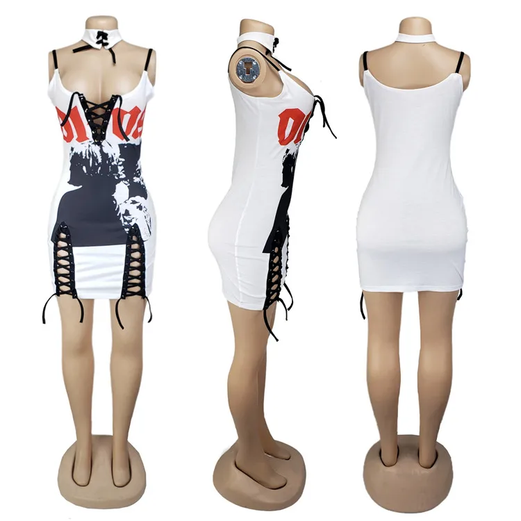 
0320M888 Wholesale Suspender Ladies Casual Summer Sexy Fashion Eyelet Straps Bandage Elegant Short Women Clothing Club Dresses 