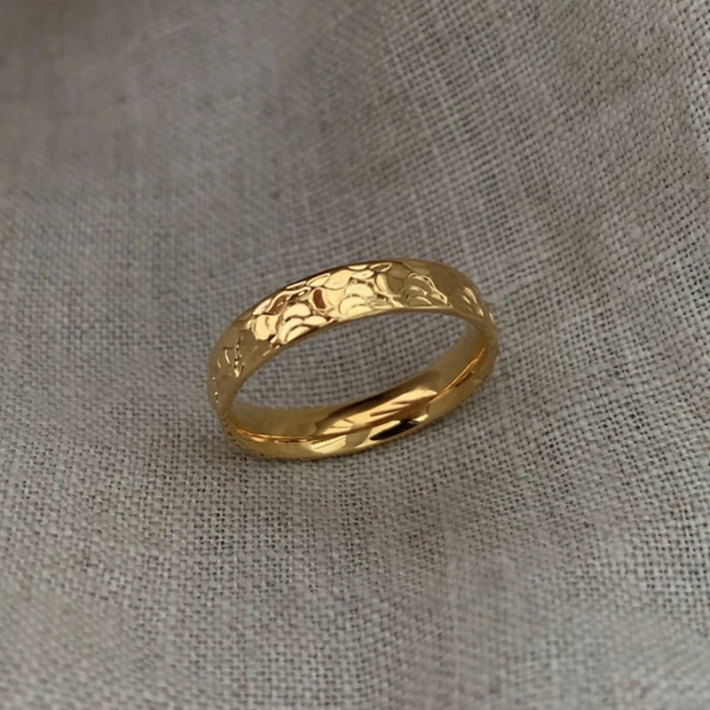 3.9mm Wide 18K Gold Plated Delicate Stainless Steel Ring Foil Irregular Textured Rings Women Fashion Vintage Waterproof Jewelry