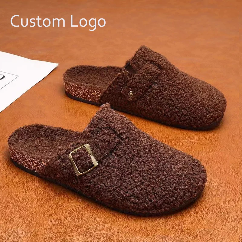 Custom Logo Winter Women Faux Cow Suede Leather Mule Clogs Slippers Long Plush Warm Indoor Soft Cork Buckle Slides