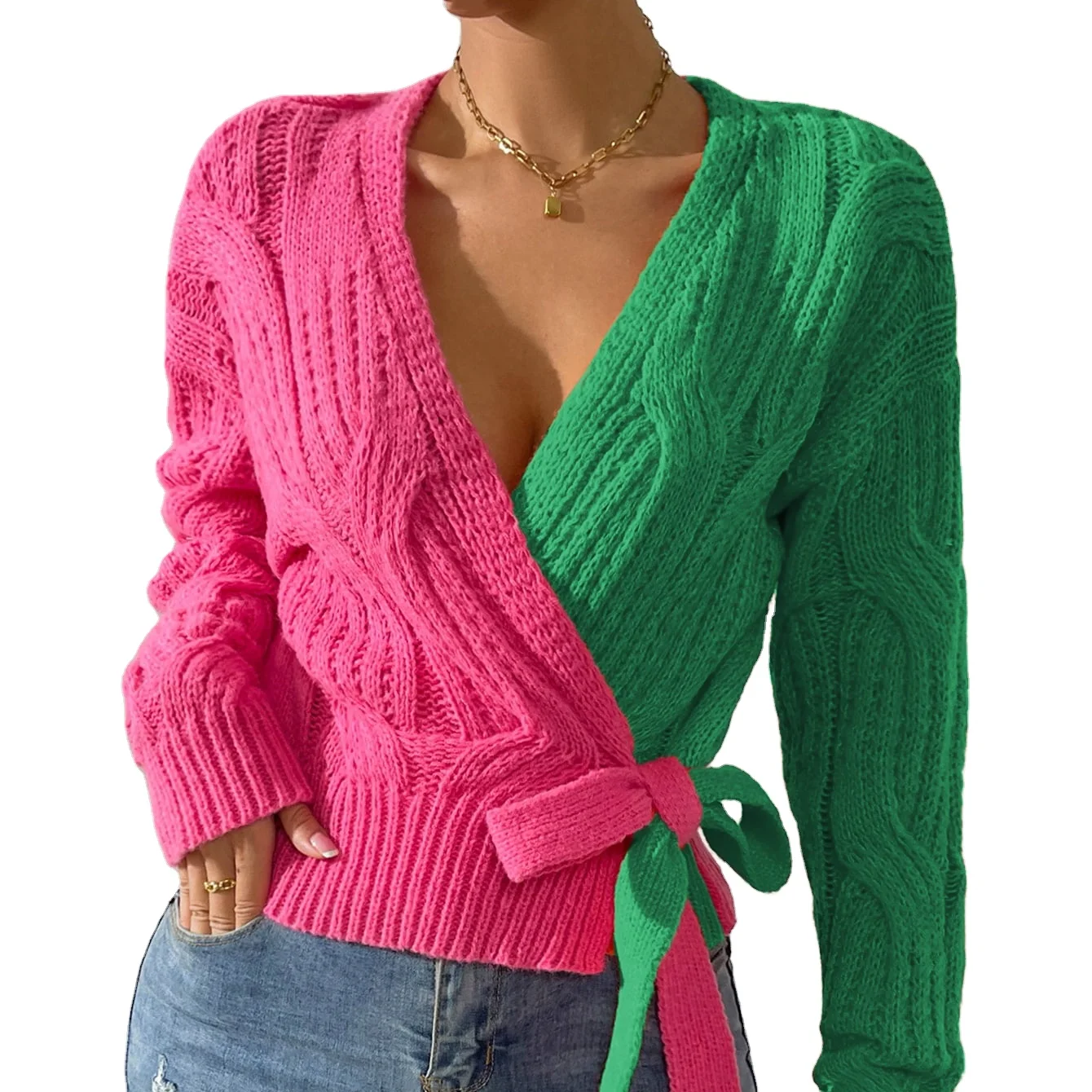 custom OEM ODM manufacturer women Colorblock Multicolor sweater knitted Sorority pink green Cardigan