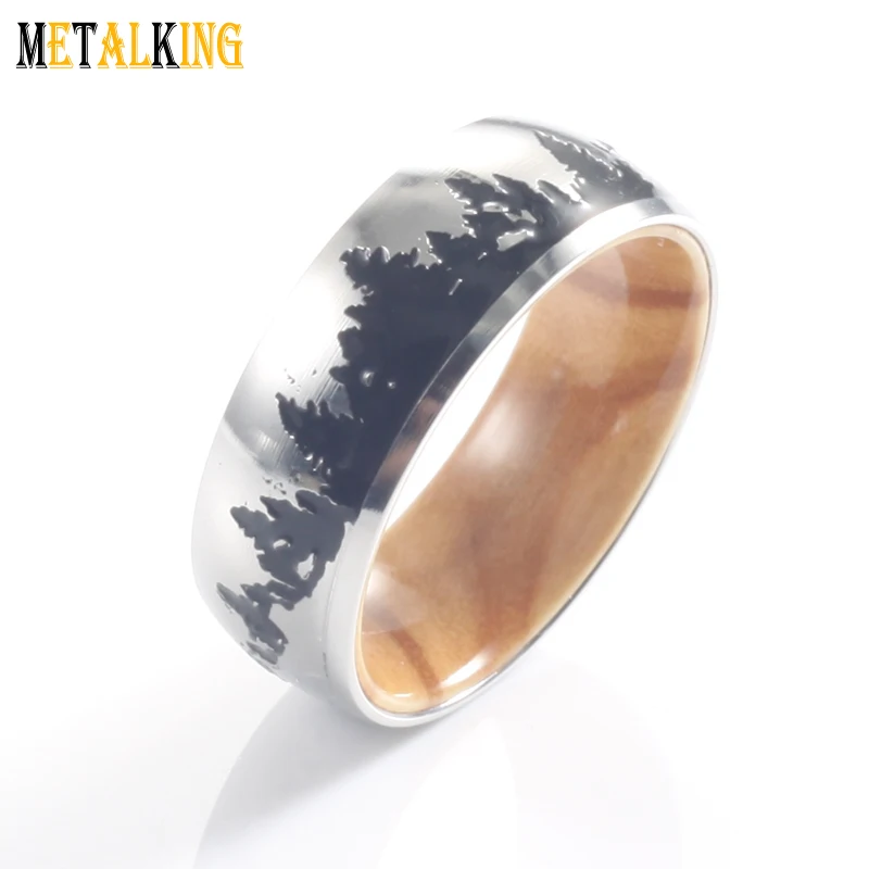 8mm Silver Stainless Steel Ring Wood Inlay Wedding Band Laser forest landscape Comfort Fit