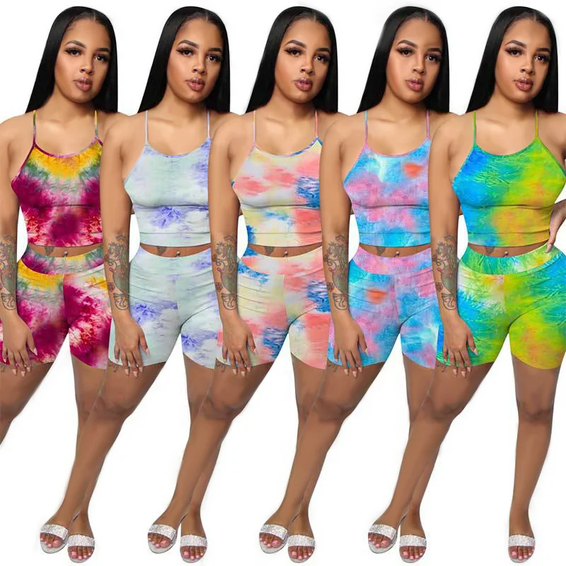 
Summer 2021 Color Blocking Fashion 2 Piece biker shorts Sleeveless Sling vest Women Tracksuit Set tie dye jogger set 