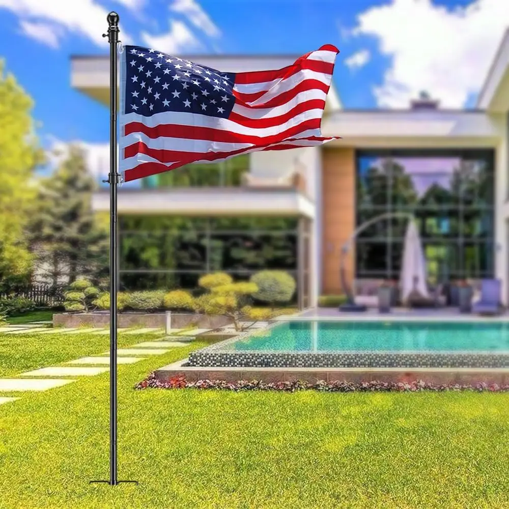 outdoor Yard 9 ft Tangle Free  Flag Pole Kit with 4 Anti-Tip Prong Base  black silver stainless steel flag poles