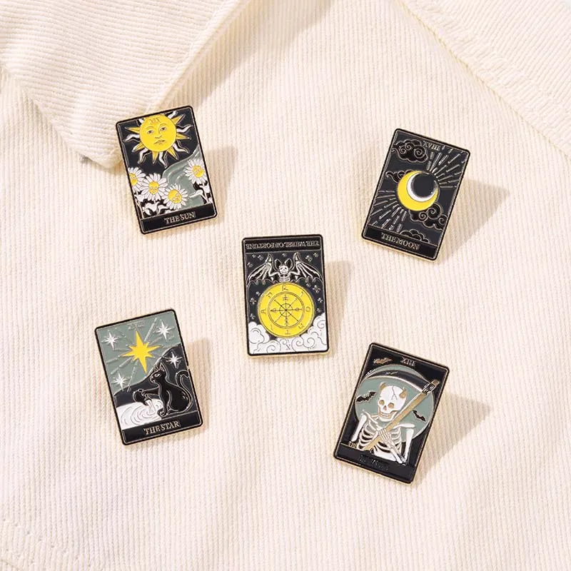 32 Styles Tarot Enamel Pin Custom Sun Moon Stars Gothic Skeleton Brooches Lapel Badges Bag Punk Dark Witch Pins for Kids