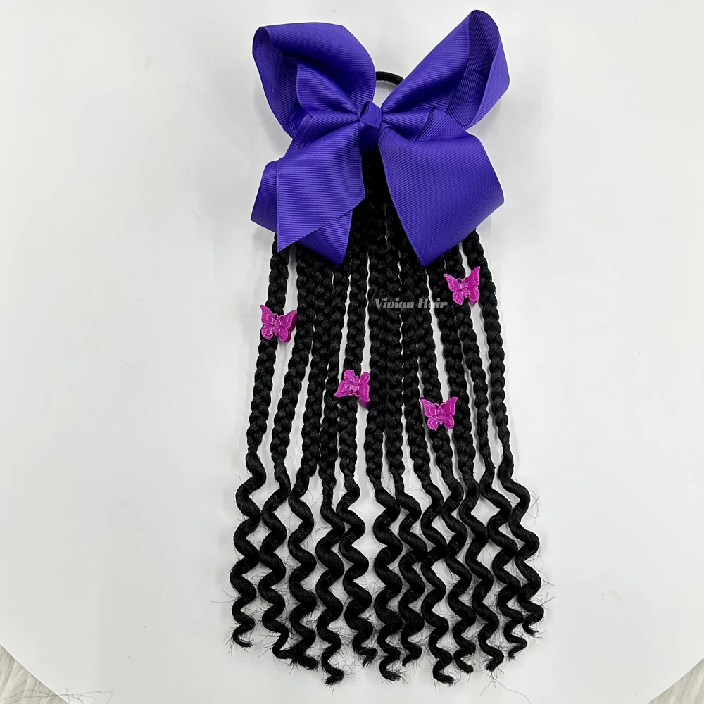 8inch kids box braid ponytail with curly ends hair extension ponytail crochet loc ponytail with butterfly shape clips and bow