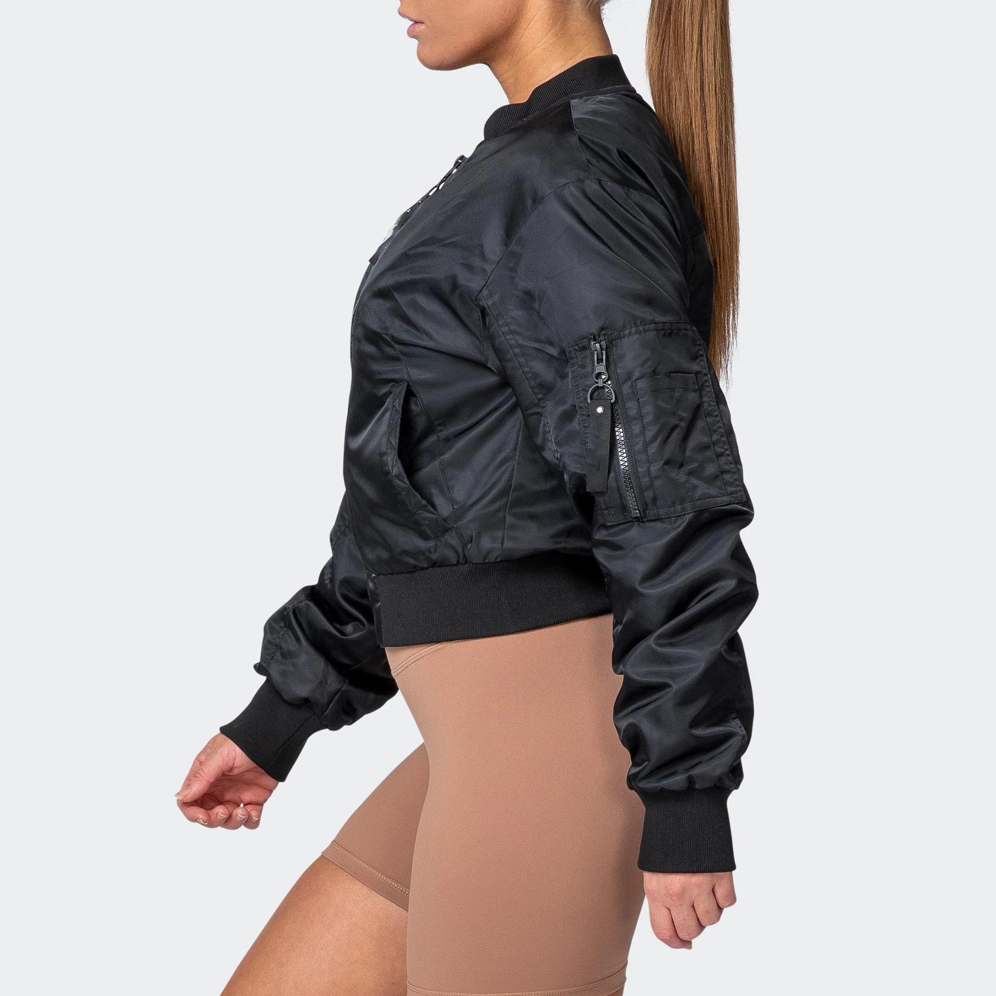 Custom Center Front Zipper Water Resistant Exterior Crop Length Women Bomber Jacket