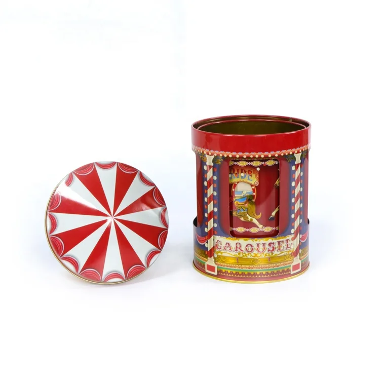 Custom Music Metal Chocolate Candy Packing Carousel Musical Tin Box With 3 Window
