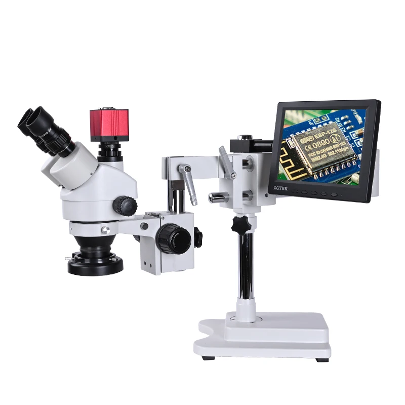 zoom 7-45X Continuous Trinocular Stereo Microscope Double Boom Stand Greater scope Camera HDMI VGA 8-inch LCD display OSL-534