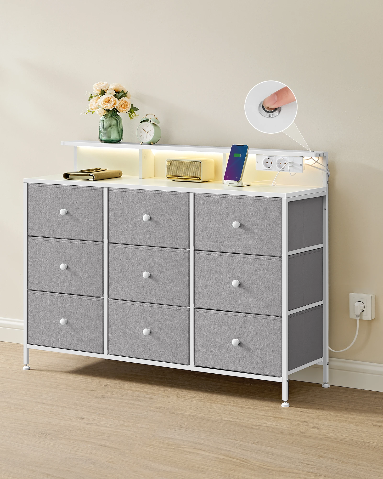 SONGMICS Charge Vertical Customizable Chest of Drawers with LED lights Modern 9-Drawer Fabric Storage Tower Dresser