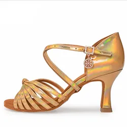 Latin Dance  Women 7cm Heel Gold PU Latin Salsa Ballroom Dance Shoes for Dancing  New Arrival Size US 4-12