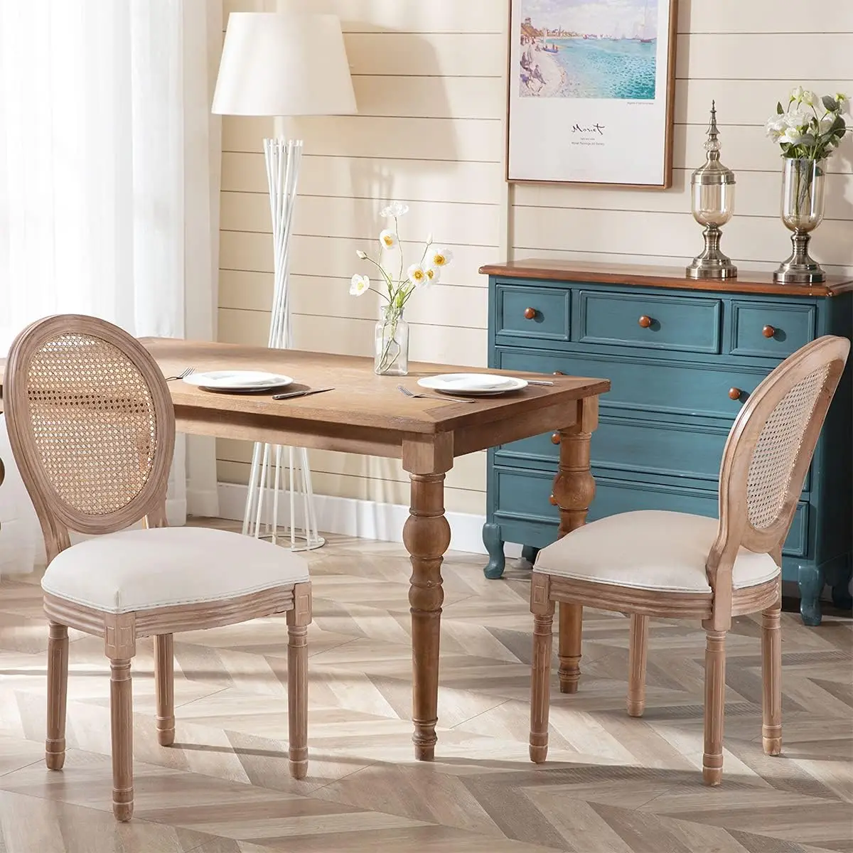 Hot Sales Upholstered Fabric French Dining Chair with Rubber Legs Louis round back rattan chair