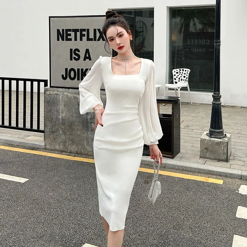 2022 Wholesale Womens Long Sleeve Summer Square Collar Dresses Women Square Neck Fashion Pencil Maxi Dress