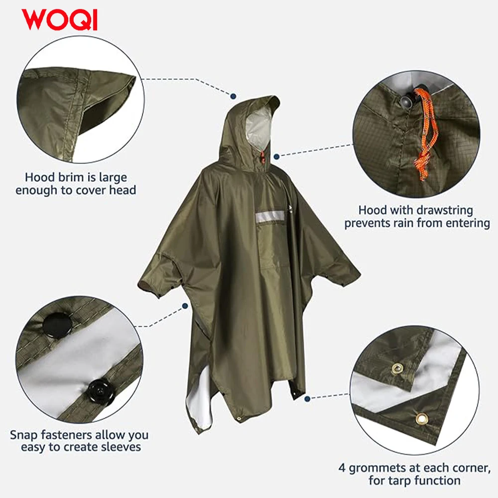 WOQI custom printable with reflective stripes hooded waterproof raincoat adult jacket raincoat
