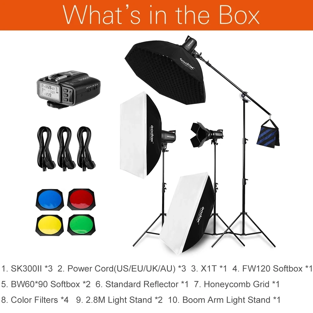 Набор вспышек Godox 900 Вт 3x SK300II 300Ws с триггером X1 и 2x70x100 см софтбоксом 2x280 осветительной стойкой