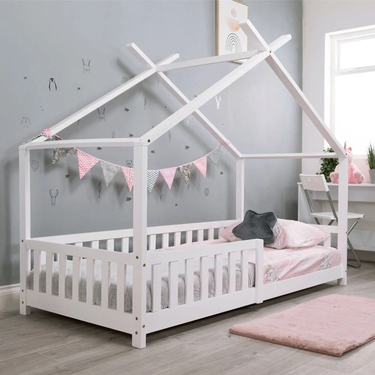 Nordic Bedroom House Roof Shape Wooden Frame Kids Boys Girls Teens Children Daybed Twin Size Floor Toddler Bed