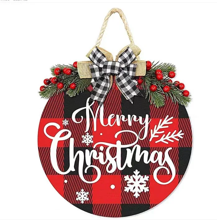 Christmas Round Wooden Door Wreath Sign Welcome Artificial Leaf Bow Decoration Holiday Front Door And Window Decoration Hanging