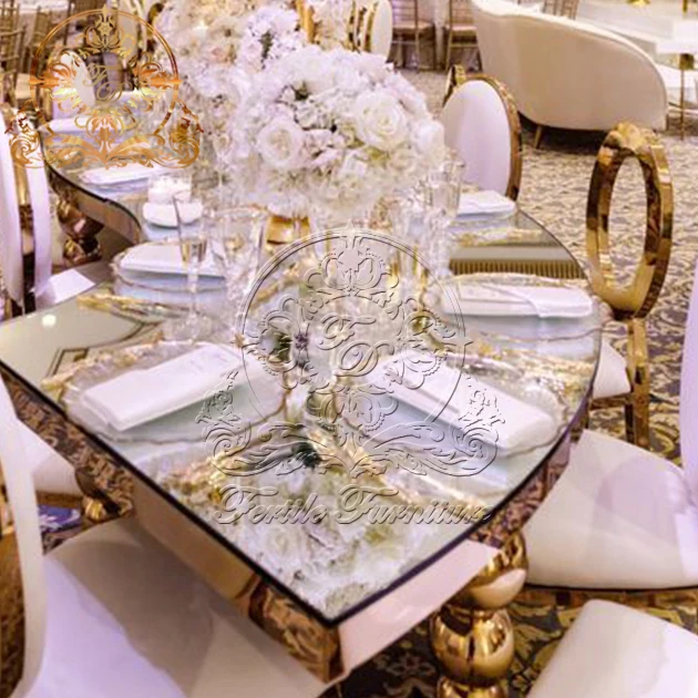 Round Luxury Glass Event Golden Stainless Steel Half Moon Dining Table