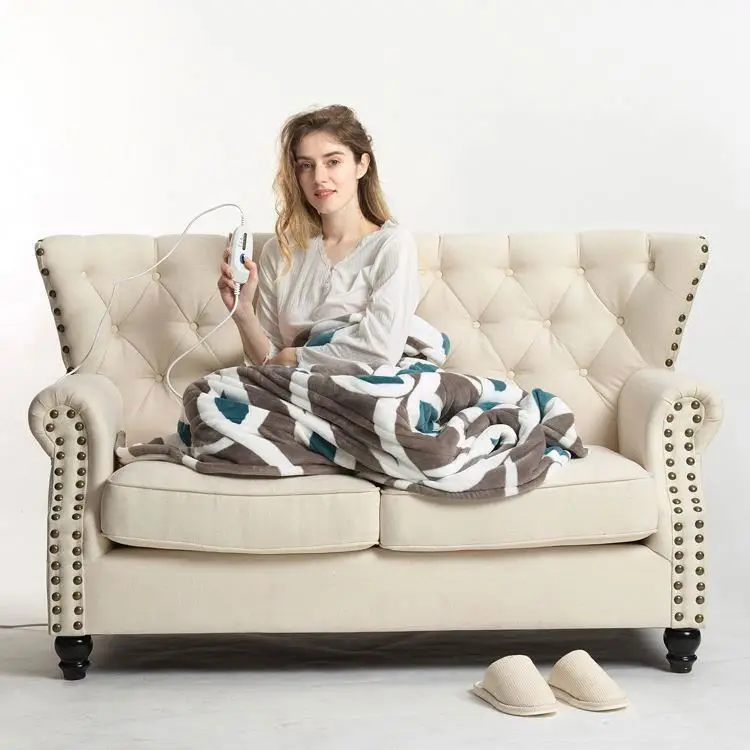 Custom Printing Grey and Green Portable flannel heated electric throw blanket