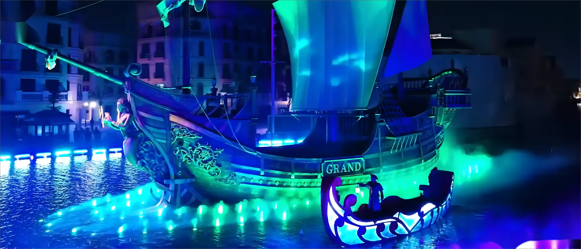 Vietnam boat fountain with water movie screen