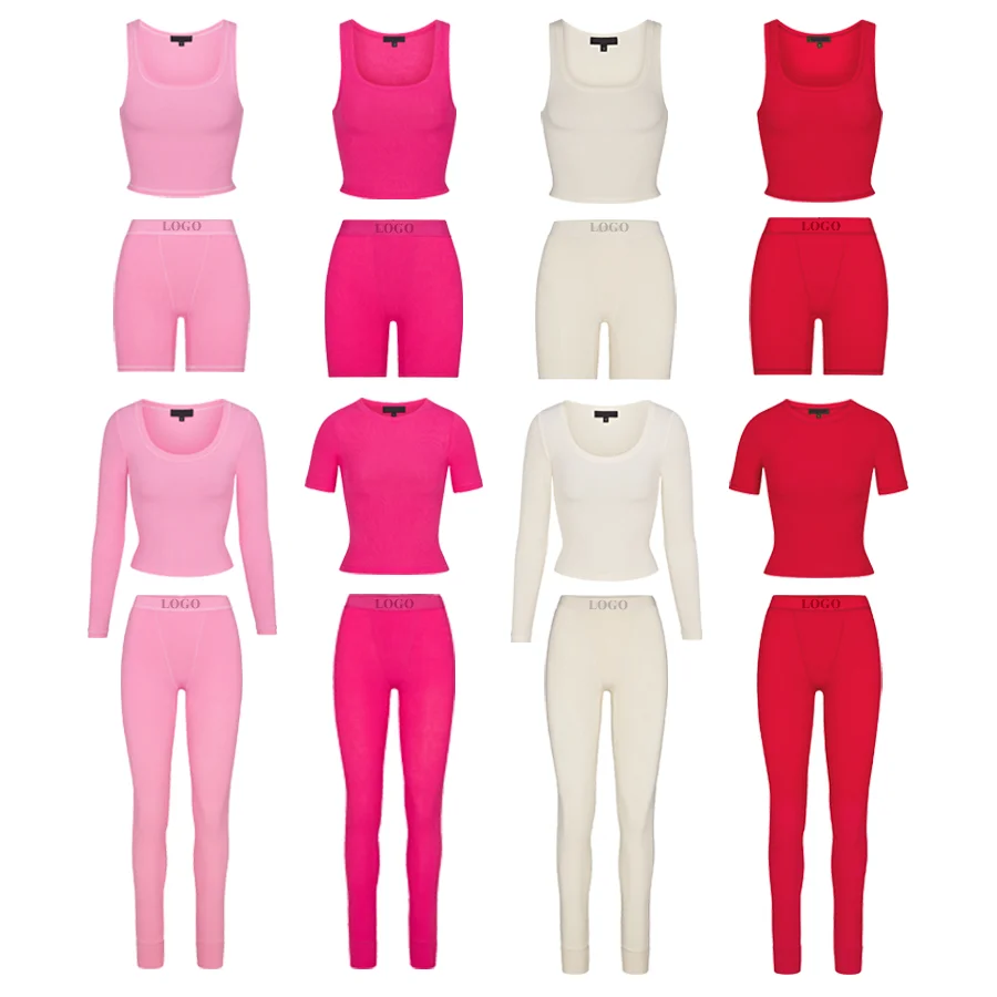Женская футболка и леггинсы с логотипом под заказ, базовая футболка и леггинсы, высокоэластичные костюмы, хлопковая ребристая одежда для отдыха, Женский комплект из двух предметов